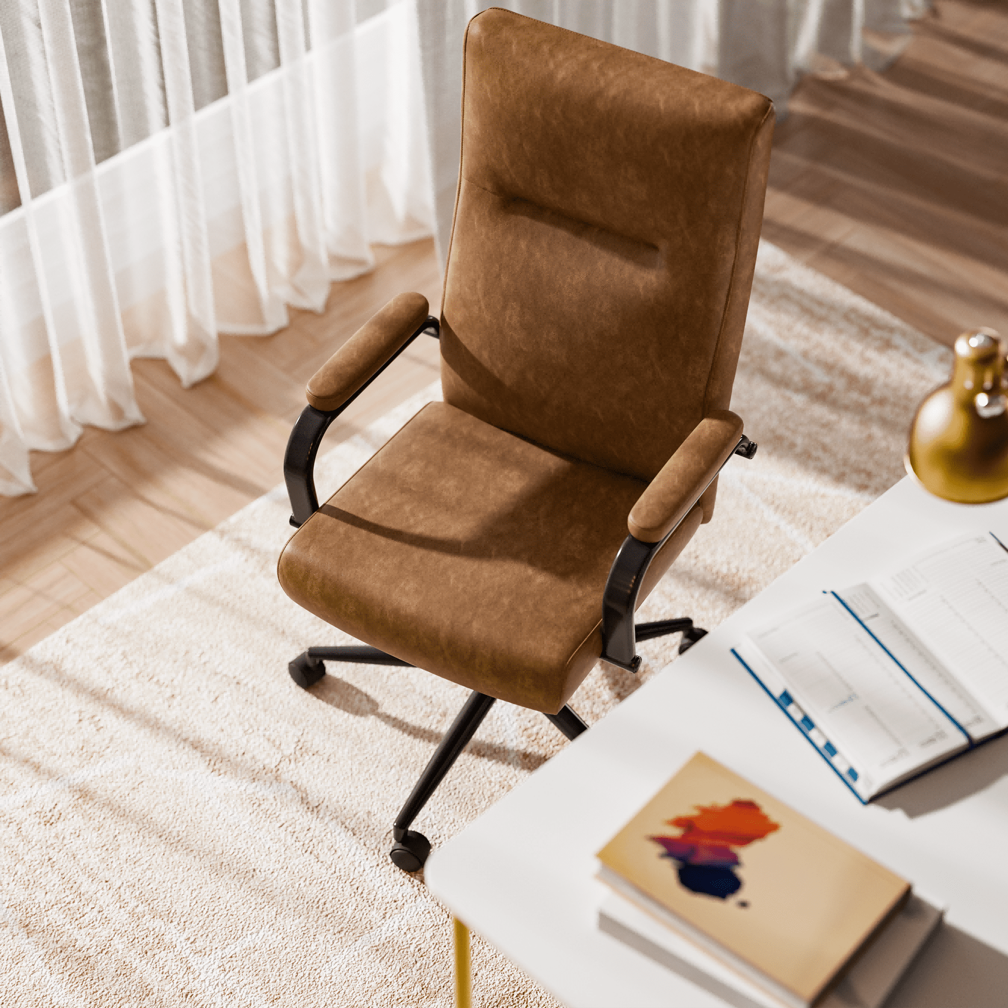 HomeZeer Brown Office Chair with Wheels, Swivel High Back Executive Office Chair with Memory Foam and Arms, Leather Adjustable Height Computer Desk Chair for Home Office