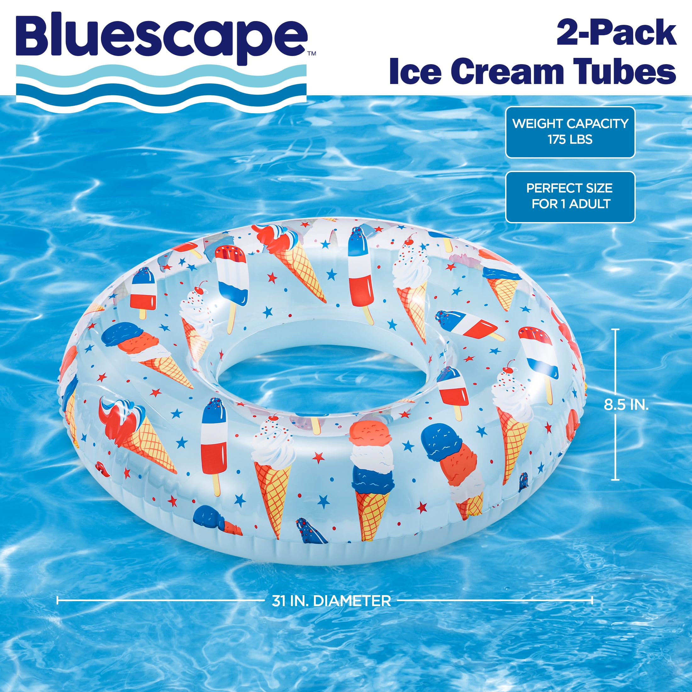 Bluescape Inflatable Sweets Swim Tube Pool Float, 2-Pack, Ice Cream Prints, for Kids & Adults, Age 9 & up, Unisex