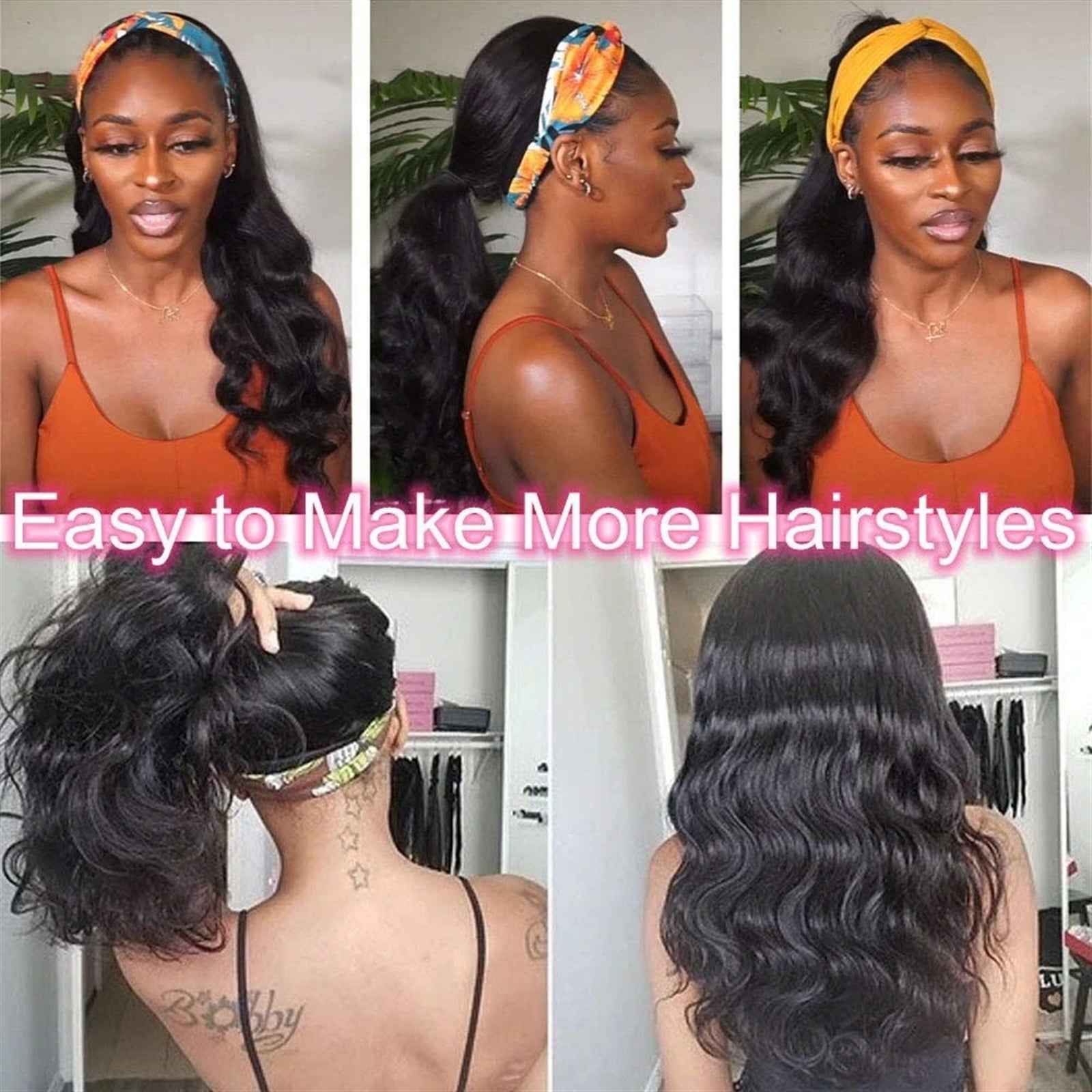 Headband Wig Body Wave Human Hair Wig Glueless None Lace Front Wig for Black Woman Natural Color Remy Full Machine Wear and Go Wigs 180% Density