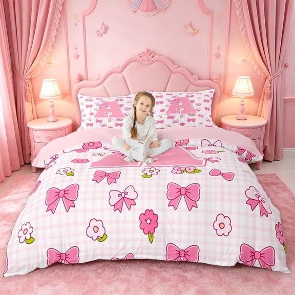 jejeloiu Pink Bow Monogram A Duvet Cover Set For Girls,Cute Flower Accent Initial Bedding Full For Kids,Pink Reversible,3 Pieces(No Comforter)