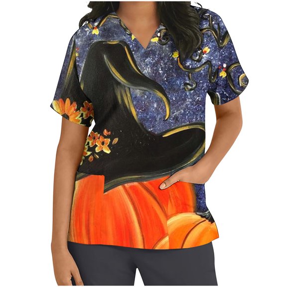 Lolmot Halloween Scrubs for Women V-Neck T Shirts Workwear Stretch Halloween Pumpkin Print Nurse Uniform Short Sleeve Medical Scrub Tops with Pockets