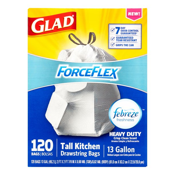 Glad ForceFlex Heavy Duty Trash Bags with Febreze, 13 Gallon, Crisp