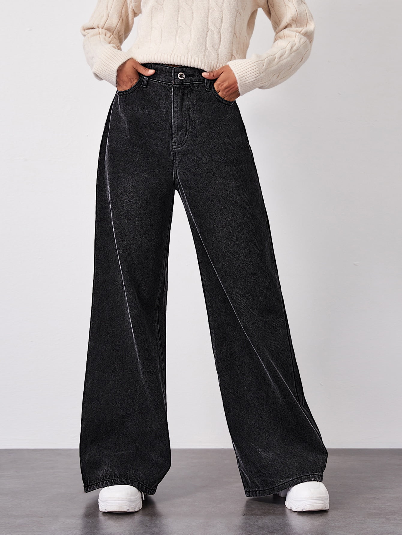 Women's High Waisted Solid Baggy Jeans 
