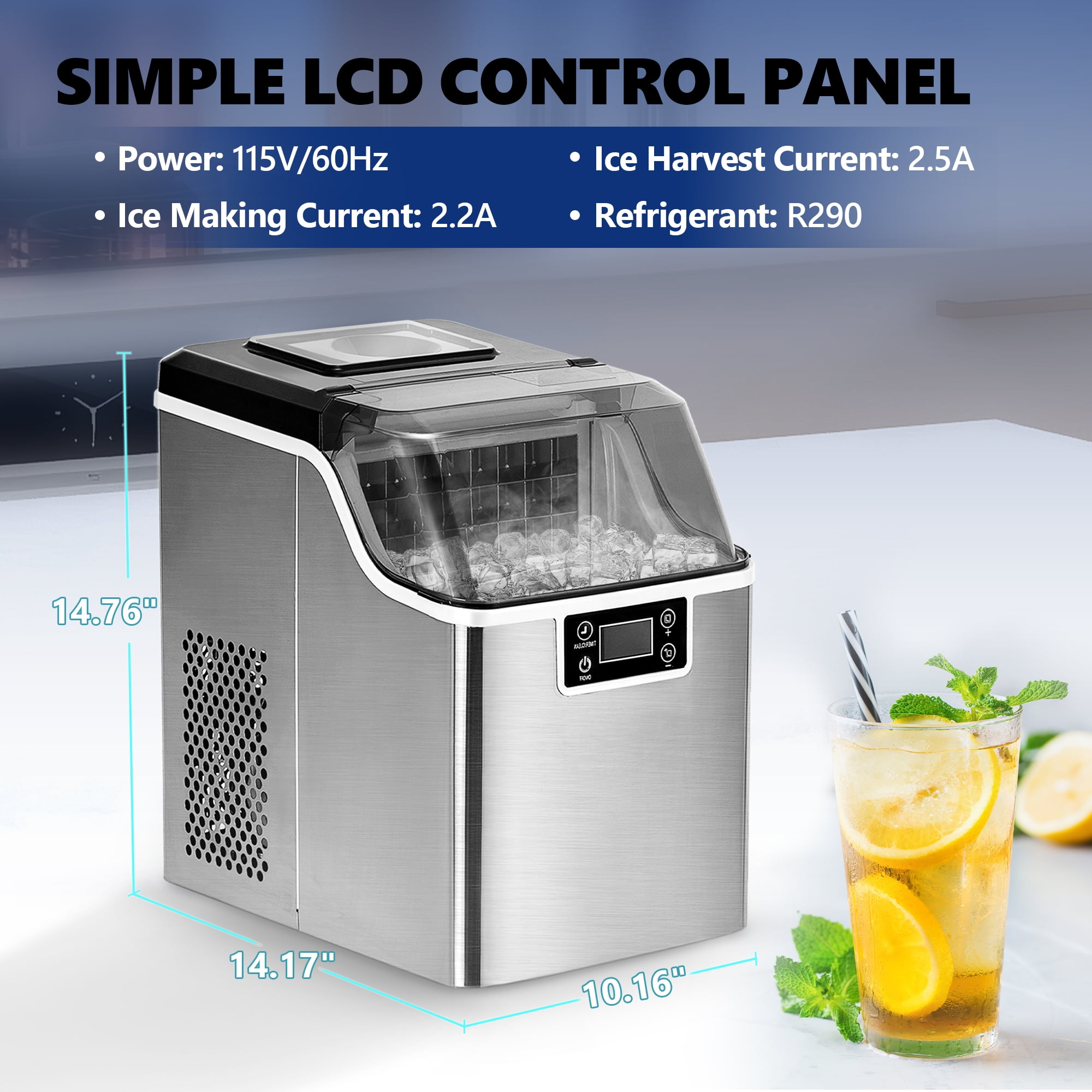 Simzlife Countertop Ice Maker Machine 45lbs/24H 24 Crystal-Clear Square Ice Cubes Ready in 9 Mins, One-Touch Self-Cleaning Ice Machine for Home, Kitchen, Office