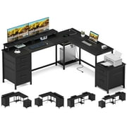 GIKPAL L Shaped Desk, 66'' Computer Desk with Power Outlet, Home Office Desk with 5 Drawers, Coner Gaming Desk,Black