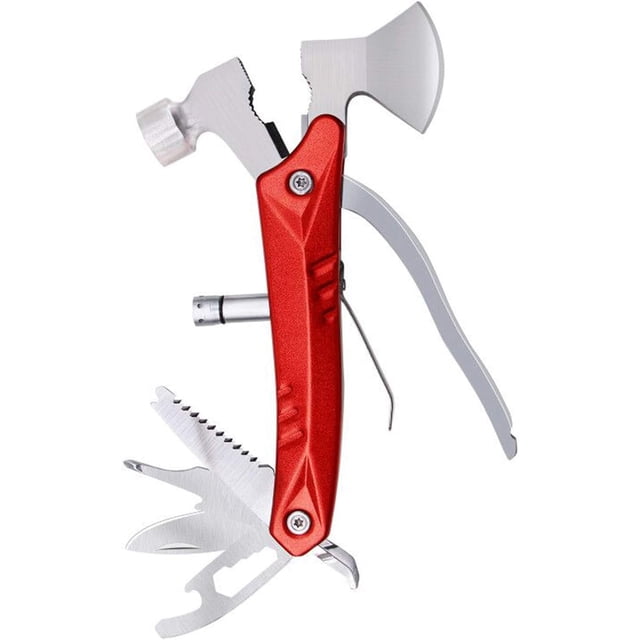 14 en 1 Outil Multifonction en Acier Inoxydable pour Camping Survie Randonnée Extérieur Outil de Voiture, Cadeau pour Hommes Femmes, Mini Outils avec Lampe de Poche Couteau de Camping Marteau Hache Pince Tournevis