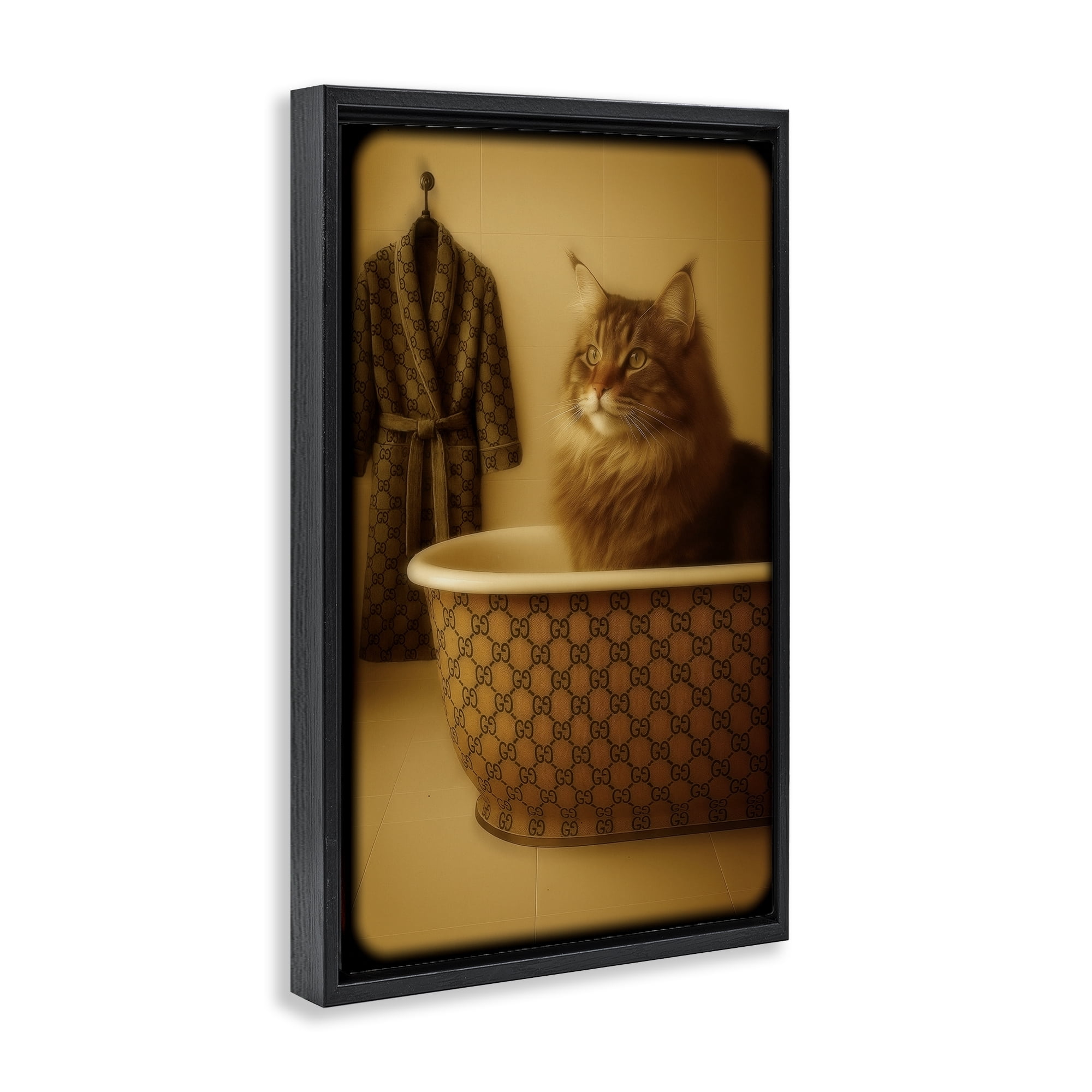 Stupell Industries Couture Main Coon in Luxury Tub Black Framed Floater Canvas Wall Art, design by Grotto Studios