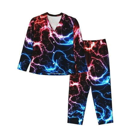 Lsque Red And Blue Lightning Pattern Long Sleeve Pajama Set for Women - Soft 2-Piece Sleepwear and Loungewear Set with Pockets  Comfy Nightwear-Large