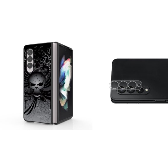 Accessory Bundle for Galaxy Z Fold 4: Slim Snap-On Case (Skull Wings), Rear Camera Glass Protector