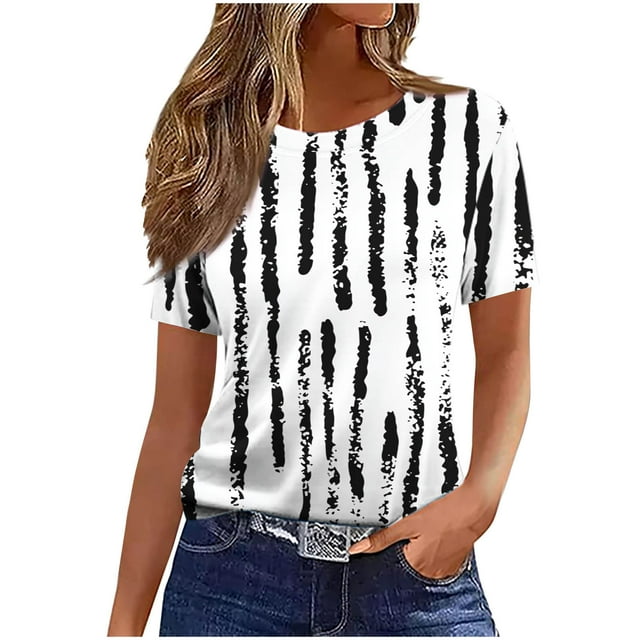 Pisexur Hauts pour Femmes, Hauts de Printemps pour Femmes 2025, Hauts pour Dames, T-shirt Imprimé Décontracté et Tendance pour Femmes avec Col Rond et Manches Courtes Blanc, G