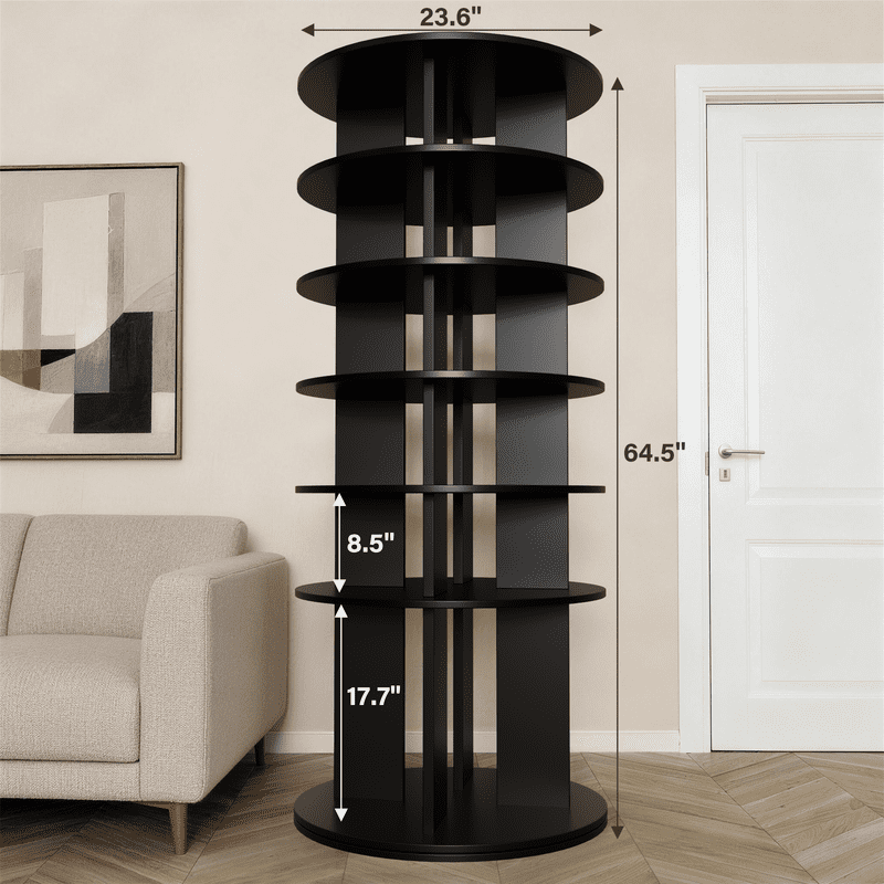 Vineego 6-Tier 360° Rotating Shoe Rack, Round Spinning Storage Organizer for Shoes, Boots & Accessories, Freestanding Tall Display Shelf for Entryway, Closet & Bedroom, Black Finish