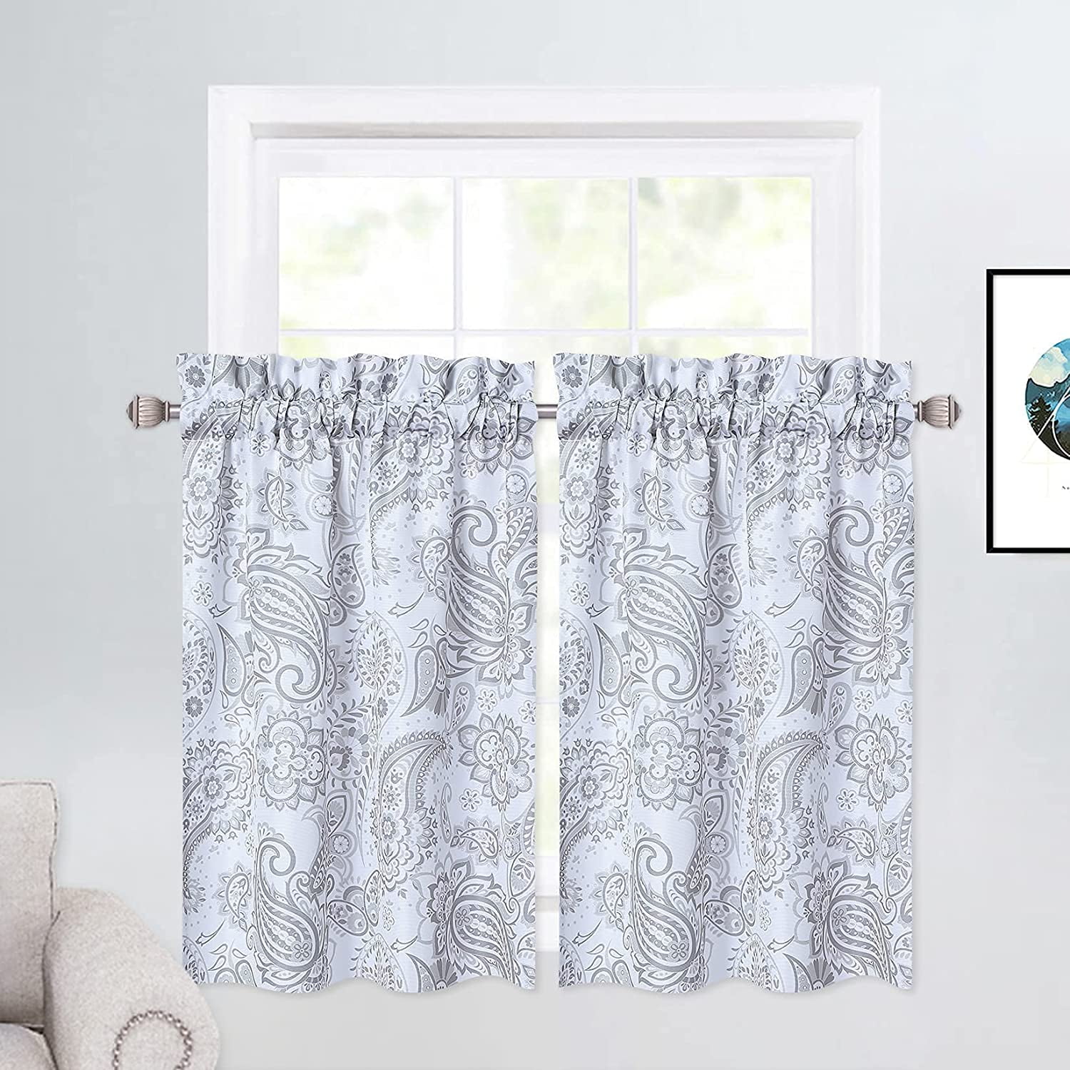 EastVita Gray Kitchen Curtains Vintage Paisley Cafe Tiers Small Half