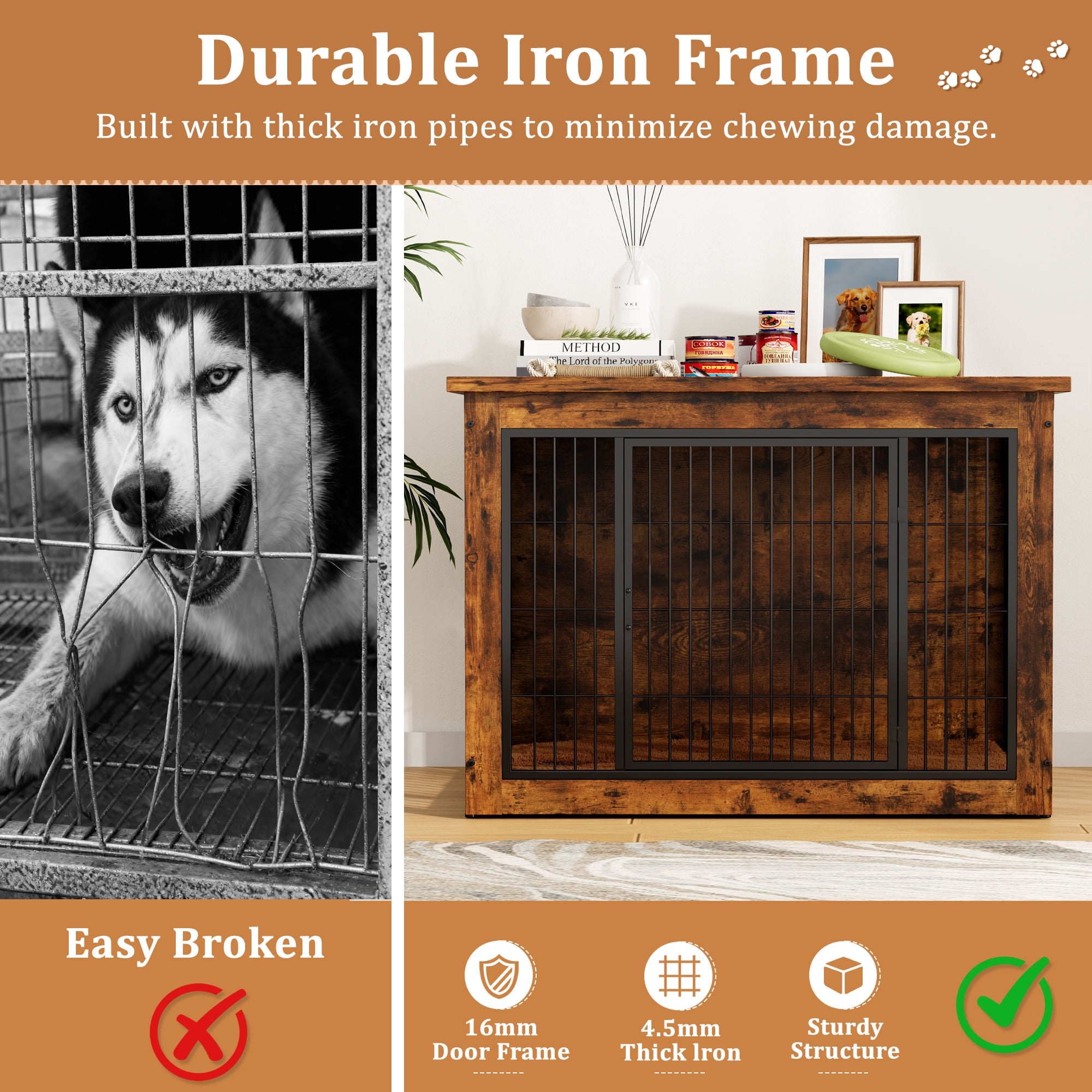 Furmax Wooden Indoor Dog Crate Furniture with Double Doors and Thick Cushion,Brown