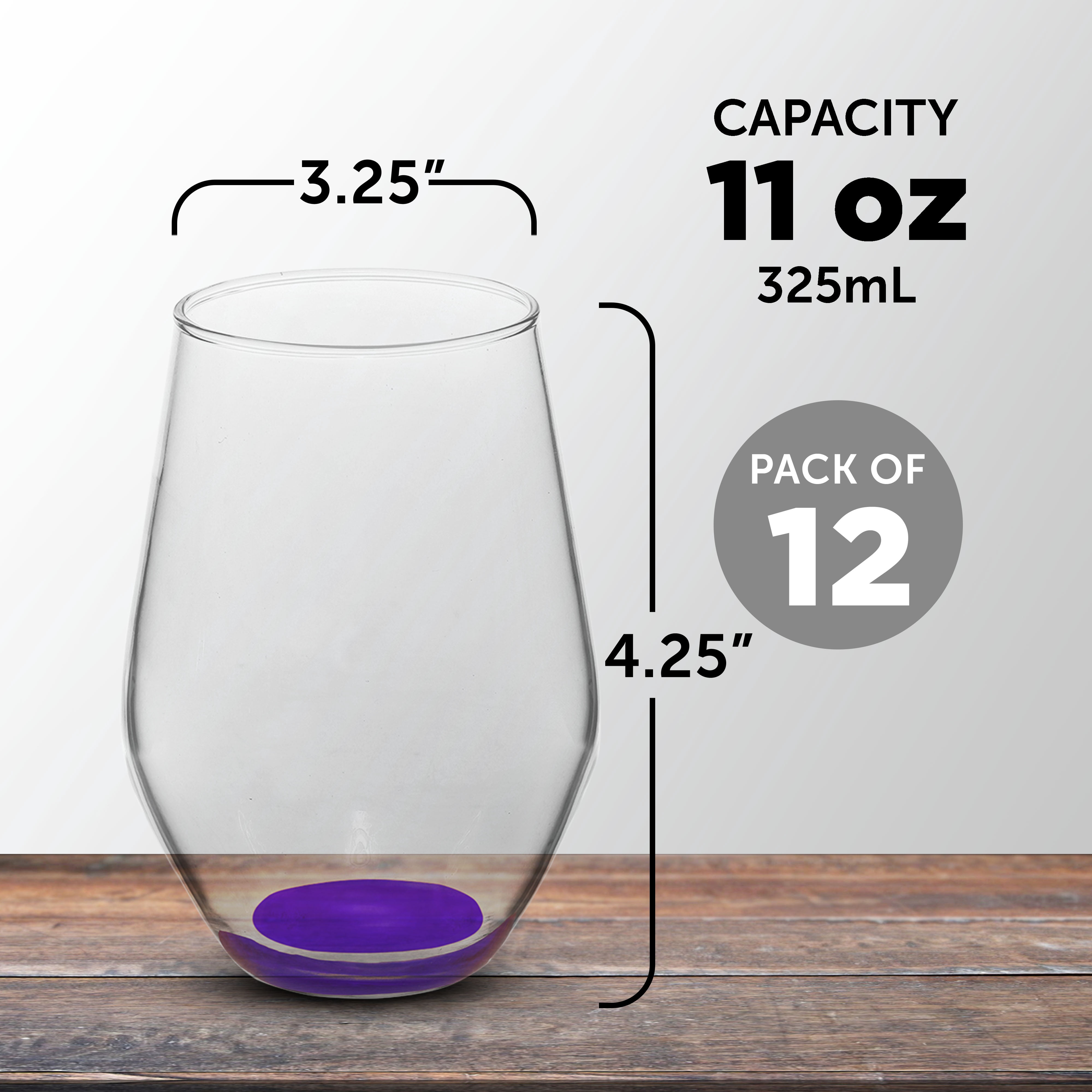 Concerto Stemless Wine Glasses 11 oz. Set of 12, Bulk Pack - Restaurant Glassware, Perfect for Red Wine, White Wine or Cocktails - Purple
