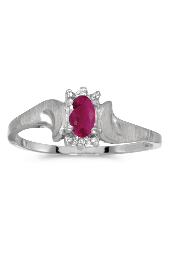 14k White Gold Oval Ruby And Diamond Satin Finish Ring