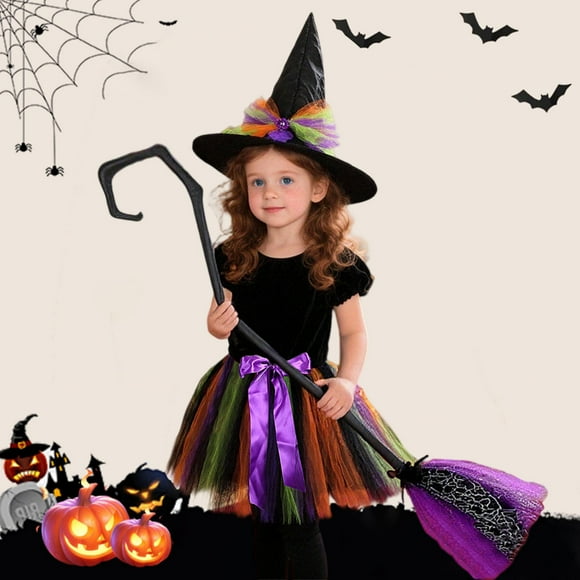 UANWENN Girls Halloween Tutu Skirt Set Witch Party Outfit With Hat And Broomstick For Toddler Kids Dance Dress Up Play Soft Bows for Baby Girls 3 Piece Little Character Set Little Girl Clothes for