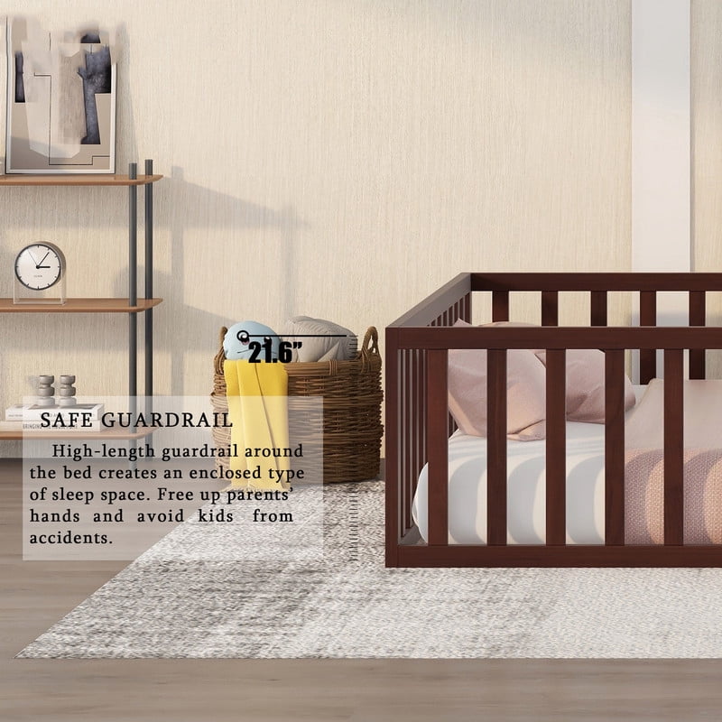 Queen Size Wood Floor Bed with Door & Fence, Montessori Bed Frame with Full Length Safety Guardrails, Wood Queen Bed with Slats, No Box Spring Needed-Walnut