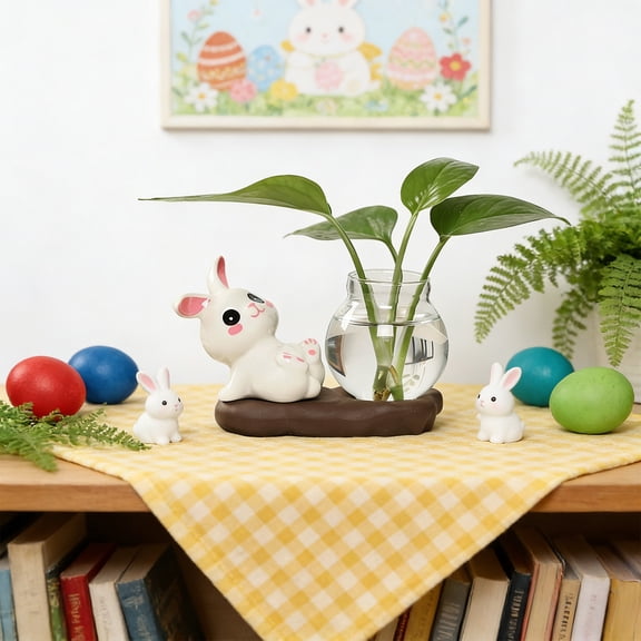 Wooowa Easter Bunny Glass Planter Vase, Ceramic Bunny Hydroponic Container, Clear Glass Plant Vessel, Desktop Window Sill Decor, Easter Home Indoor Gardening And Tabletop Decoration