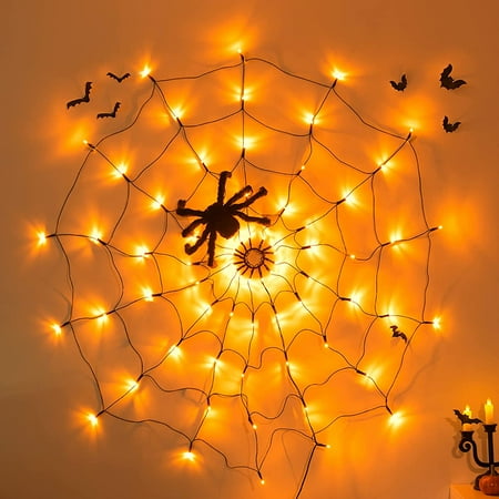

4FT 3 Modes Halloween Spider Web Lights Decorations 80 LEDs Orange Waterproof Lights with Black Spider Halloween Decorations