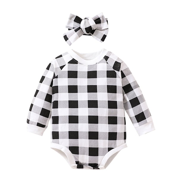 Gibobby Mameluco niña de manga larga de otoño a cuadros de algodón Unisex para bebé recién nacido, diademas, ropa(Negro, 18-24 Meses)