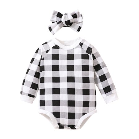 

Baby Girls Bodysuits Unisex Cotton Plaid Autumn Longleeve Romper Bodysuit Headbands Clothes