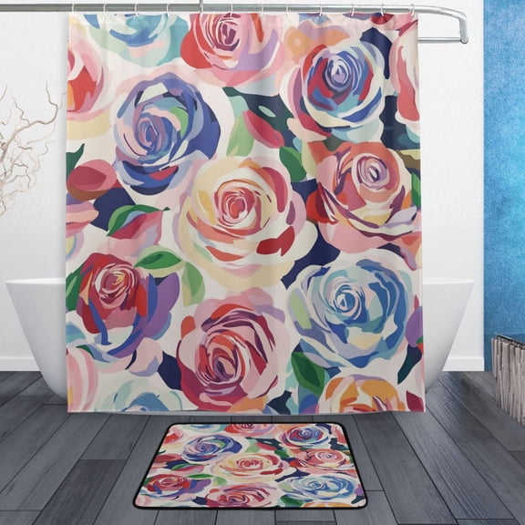 Bath Curtain & Non-Slip Bath Mat Set 12-Grommet Shower Curtain Memory Foam Bath Rug Modern Art Roses