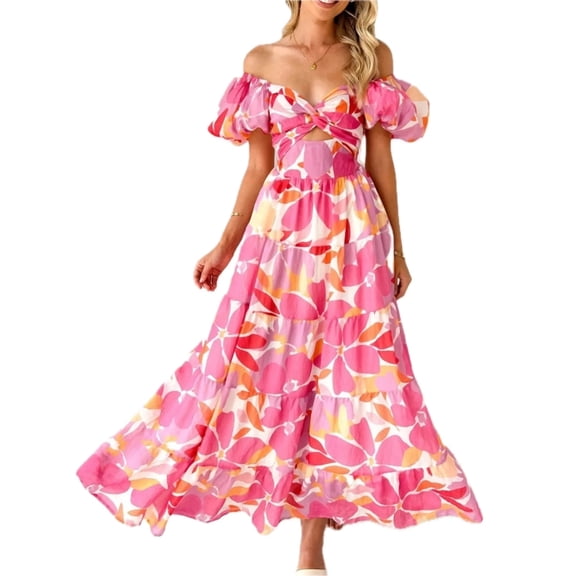 Women's Off Shoulder Floral Tiered Dress with Ruffle Details 100% Polyester Lightweight Dress for Summer and Everyday