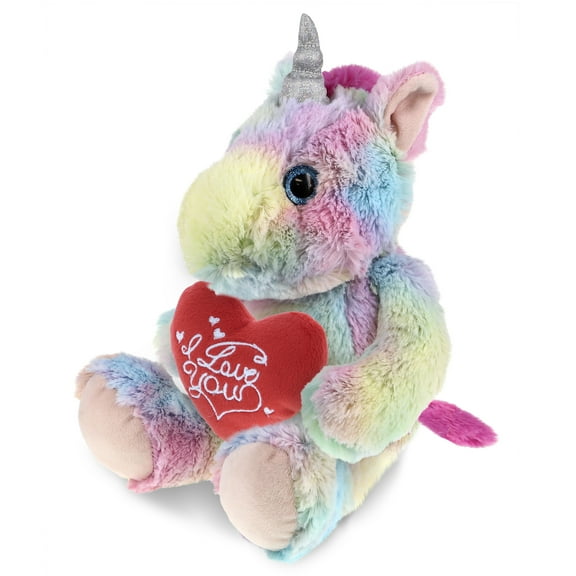 DolliBu I LOVE YOU Plush Sitting Rainbow Unicorn - Cute Stuffed Unicorn with Heart for Valentines, Anniversary, Romantic Date, Boyfriend, or Girlfriend Gift - 10 Inches
