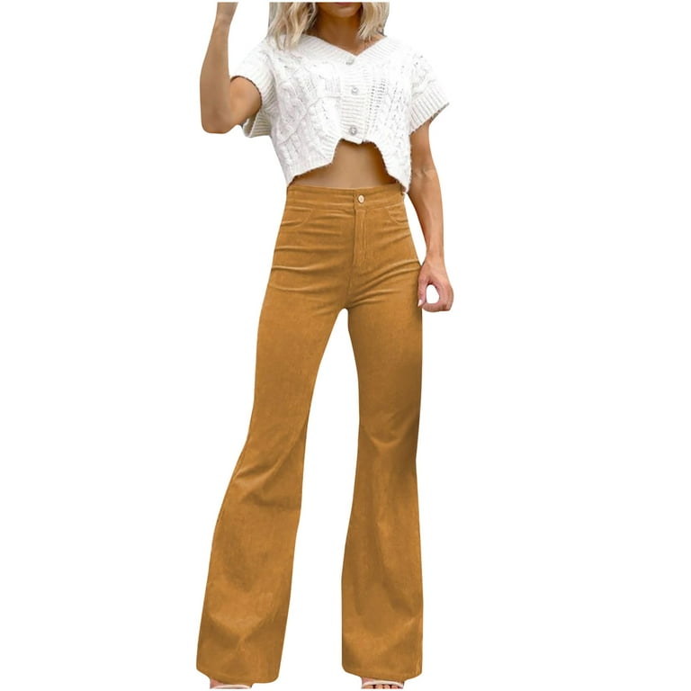 RQYYD Women Corduroy Flared Pants Solid Color Casual Stretch High Waist  Bootcut Bell Bottom Trousers Streetwear with Pockets Khaki XL 
