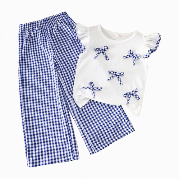 KPOPLK 1T 2T 3T 4T Girls Outfits 2 Piece Outfit Set Summer Ruffle Sleeve Bow Top and Gingham Pants Clothes(3-4 Years,Blue)