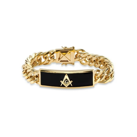 Black Onyx Mans Bracelet - Men's Genuine Black Onyx Masonic Insignia Curb-Link Bracelet 14k Gold-Plated 8