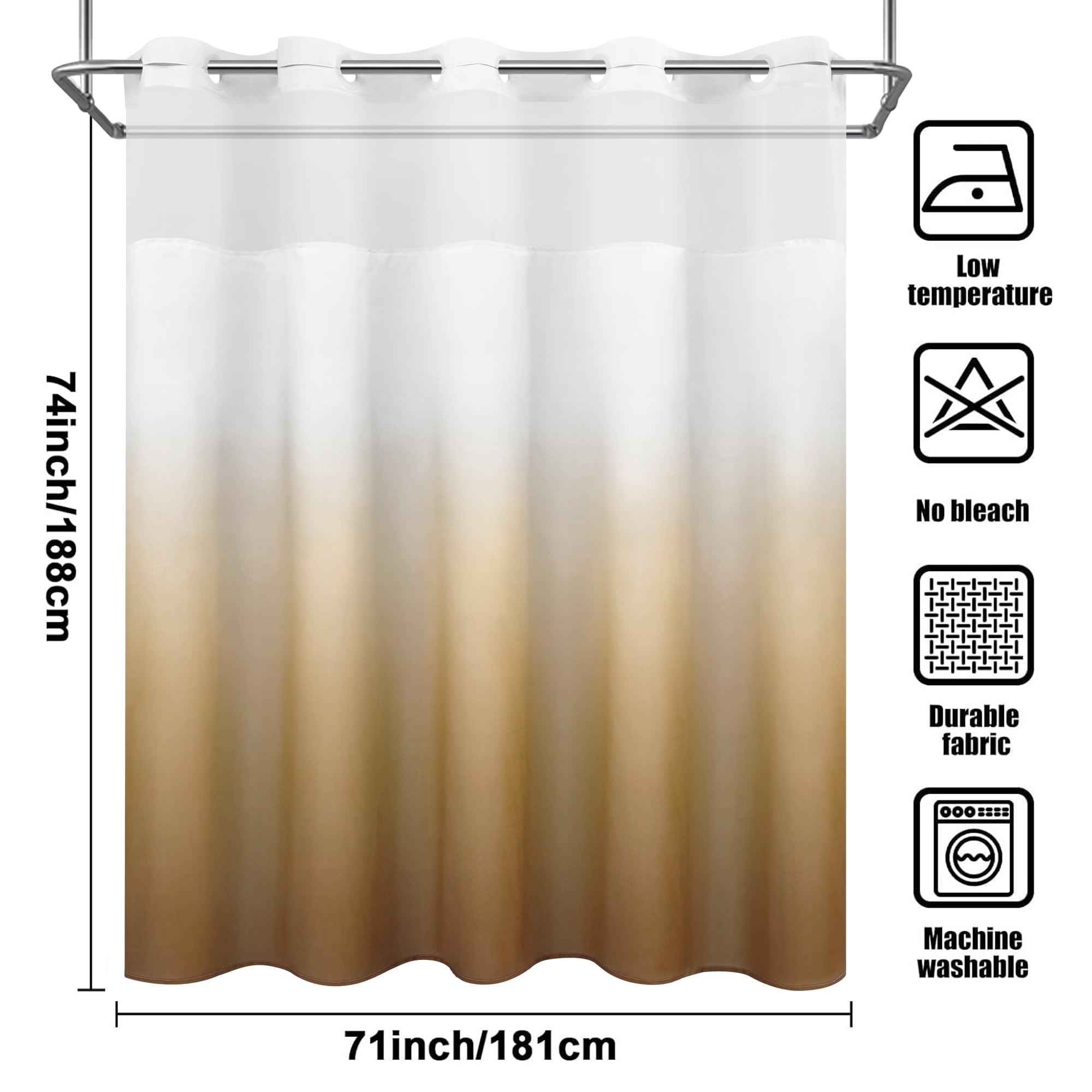 Ikfashoni Ombre Hookless Shower Curtain with Snap in Liner, Brown No Hook Waterproof Fabric Bath Curtain, 71"X74"