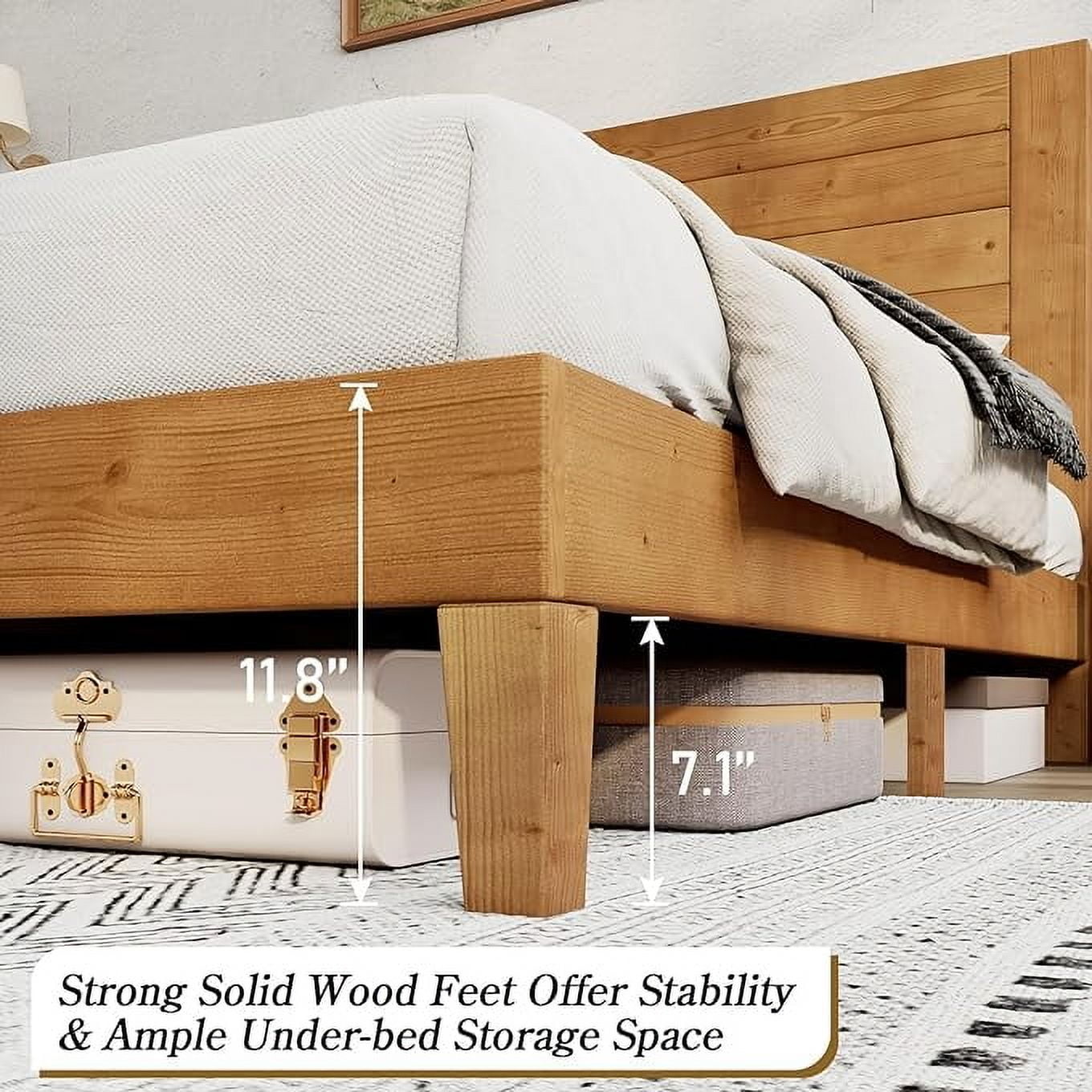 VanAcc Queen Size Solid Wood Bed Frame with 48.6" Headboard, Mid-Century Platform Bed Frame, Light Brown