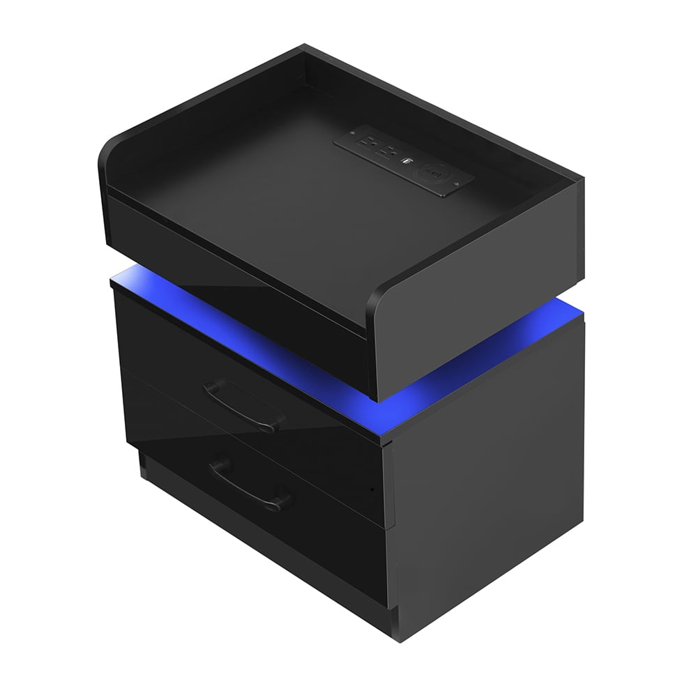 Kadyn LED Nightstand, Bedside Table with 2 Drawers and USB Charging Ports, Night Table with Wireless Charging and Remote Control LED Light, Black Kadyn LED Nightstand, Bedside Table with 2 Drawers and USB Charging Ports, Night Table with Wireless Charging and Remote Control LED Light, Black