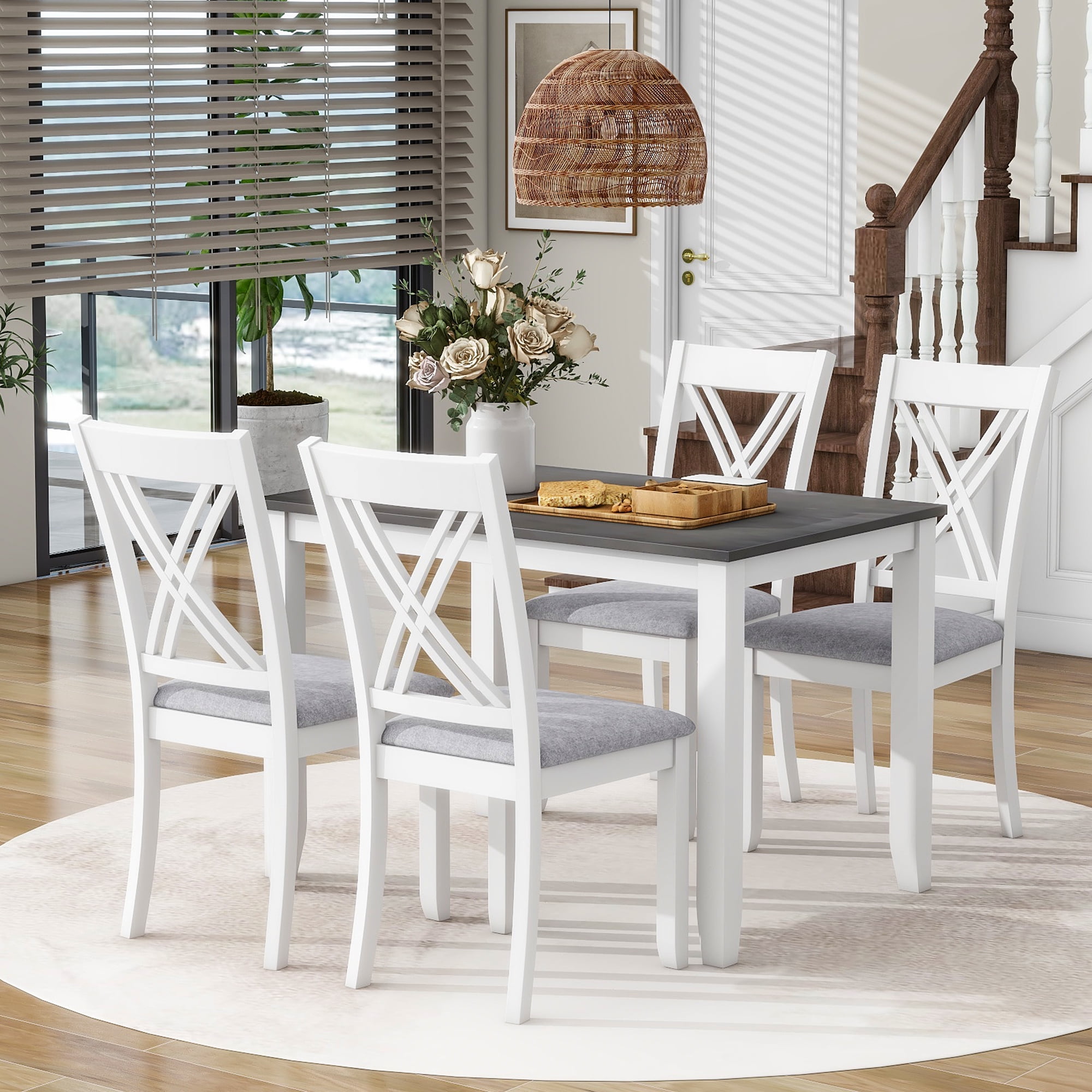 MAYEERTY Rustic Minimalist 5-Piece Dining Table Set with 4 X-Back Chairs, Gray – Perfect for Small Spaces