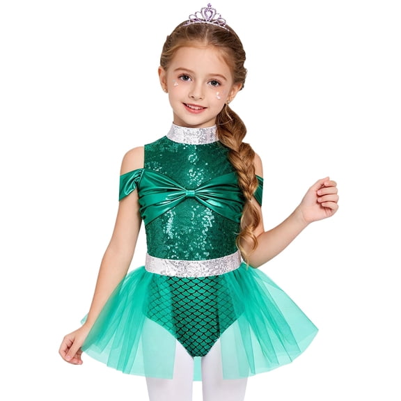 TiaoBug Kids Girls Off Shoulder Sequin Bowknot Princess Dress Ballet Dance Leotard with Tulle Skirt Mint Green 12