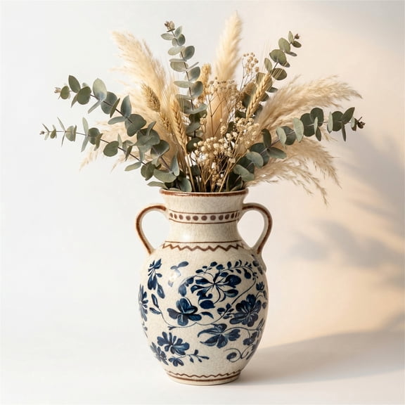 BUYMAX Light Blue Ceramic Vase, Vintage Two-Handle Vase for Flower Arrangements, Farmhouse Table Centerpiece, Decorative Vase for Dried or Fresh Flowers