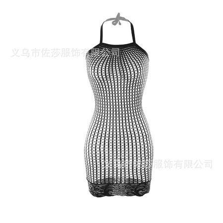 Generic Sexy Halter Sexy Lingerie Women s Hollow-out Tight Fishnet Clothes Explosive Milk See-through Hip Skirt Uniform Temptation W091
