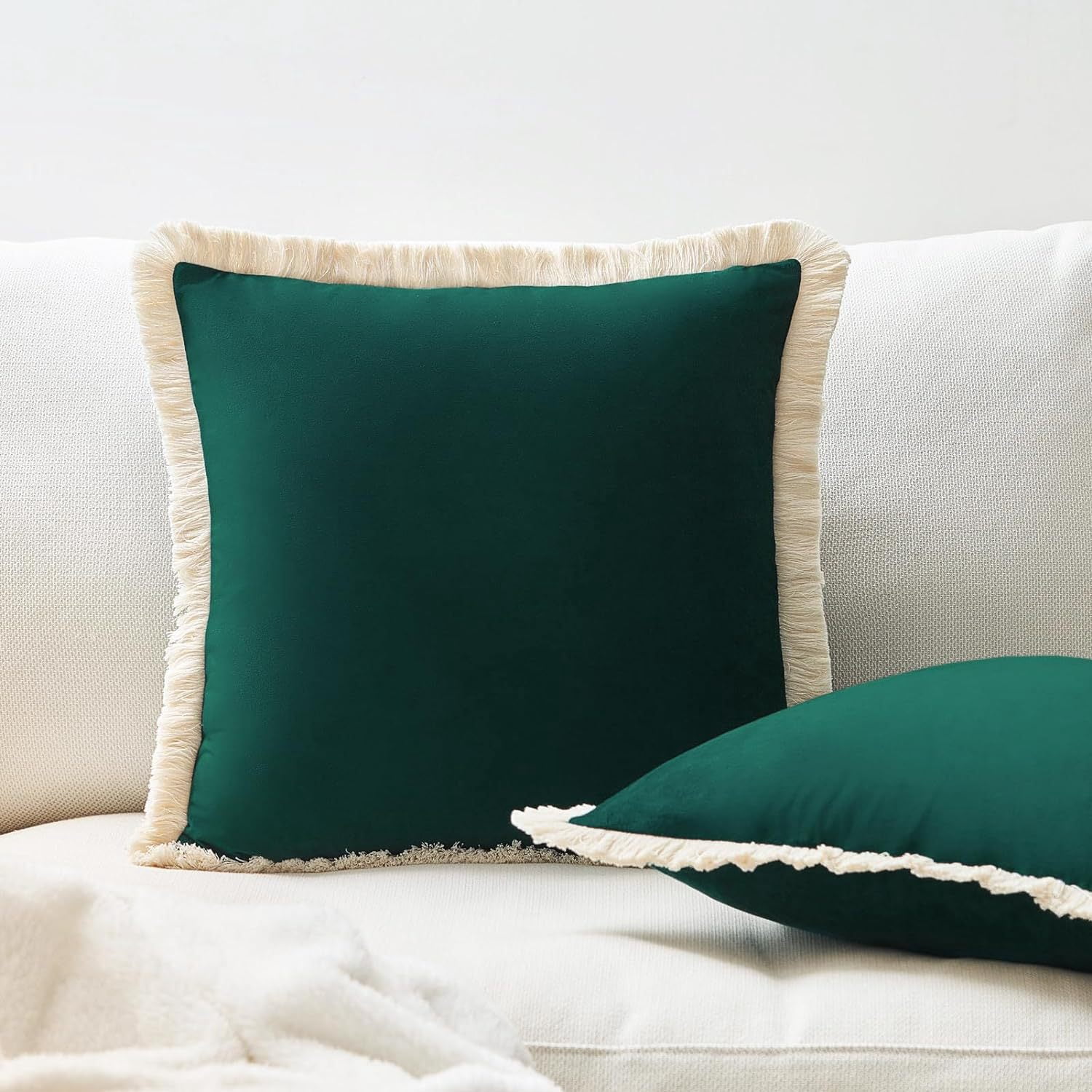 Yumcute Pillow Covers 16x16 Set of 2 Beige Throw Pillow Covers with Fringe Chic Cotton Decorative Pillows Square Cushion Covers for Sofa Couch Bed Boho Decor