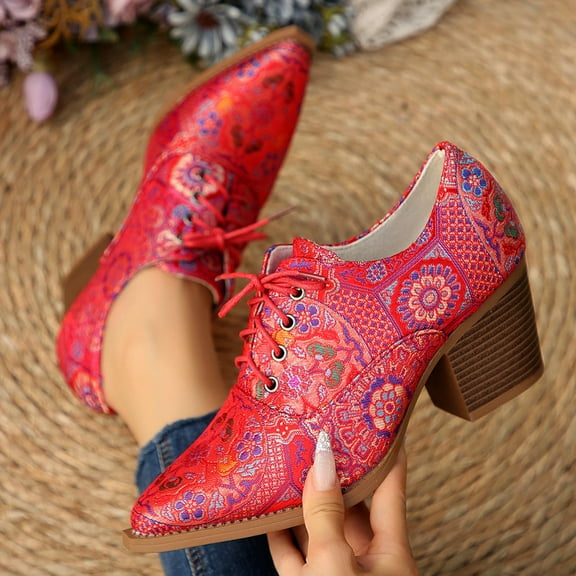 Xucatan Floral Embroidered Short Bootie for Women Traditional patterns Vintage Casual Pointed Toe Low Top Lace up Shoes Comfortable Chunky Block Heel Ankle Boots Gift