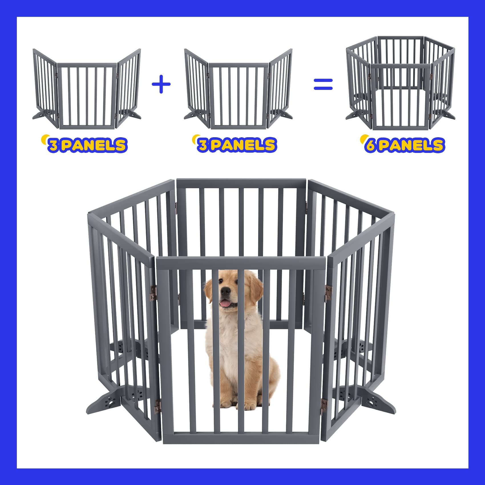 Smuxee Freestanding Dog Gate Foldable Pet Fence with Support Feet, Gray, 3 Panel