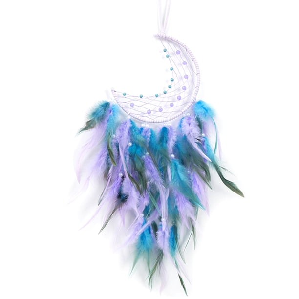 Muyoka Atrapasueños con luces de hadas Lucky Feather Turquesa Colgante Perlas Adorno para colgar en la pared para niños Dormitorio Sala de estar Decoración,Blue Muyoka Hogar