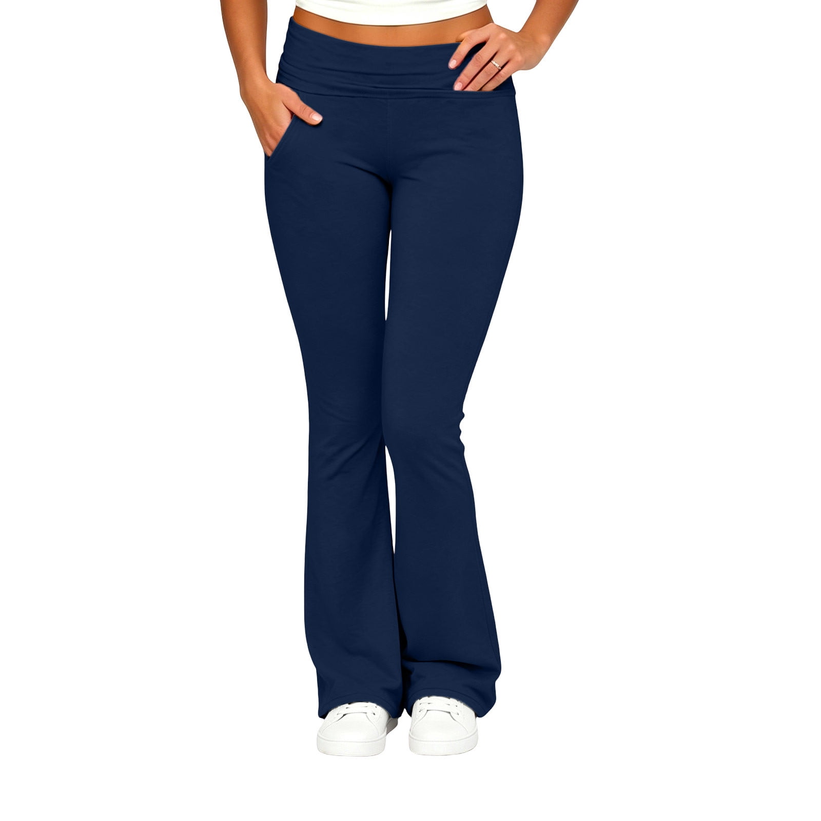 Utoimkio Women's Flare Yoga Pants Fold Over High Waist Stretchy Soft Bootcut Trousers with Side Pockets for Workout Lounging