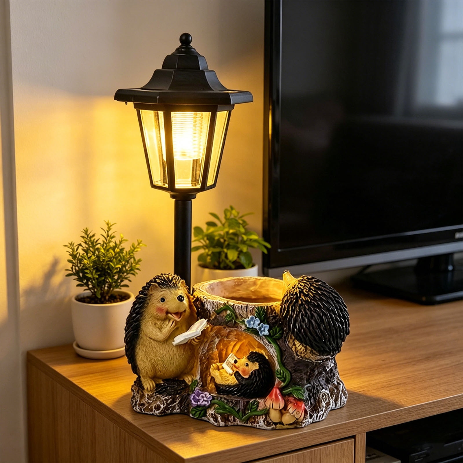 Hedgehog Resin Garden Statue, Solar Night Light Sculpture, Creative Flower Pot Decor, Waterproof Outdoor Ornament for Balcony Courtyard Villa Garden