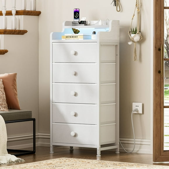 GUNAITO Tall Led Dresser for Bedroom with 5 Drawers Chest of Drawers Fabric Storage Bin White