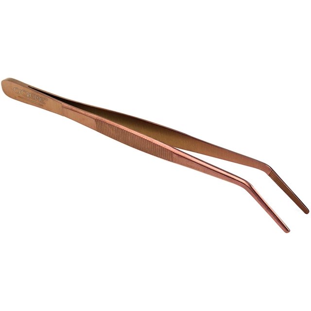 O'Creme Stainless Steel Precision Kitchen Culinary 8 Inch Tweezer Tongs (8" Curved, Rose Gold)