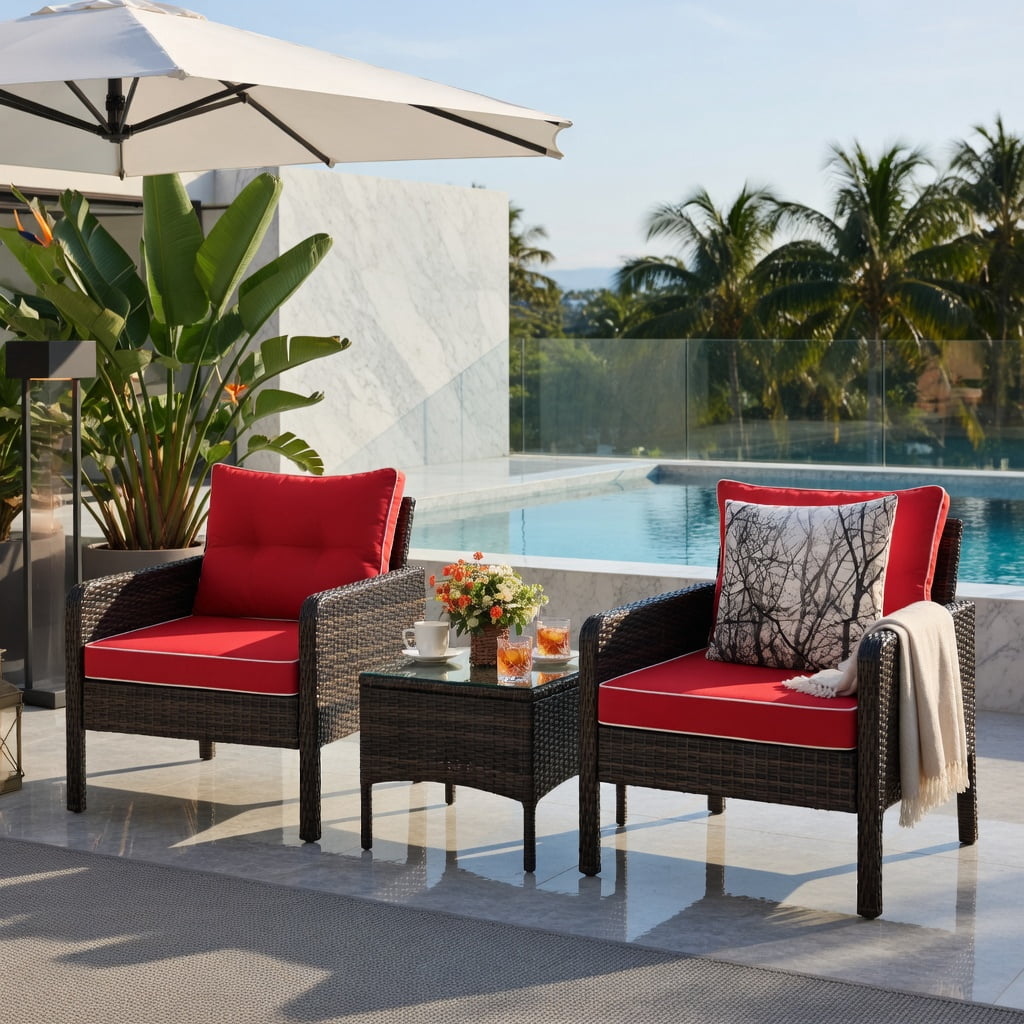 Hommoo 3-Piece Outdoor Wicker Patio Conversation Set, PE Rattan Chairs + Coffee Table with Removable Cushions, Red