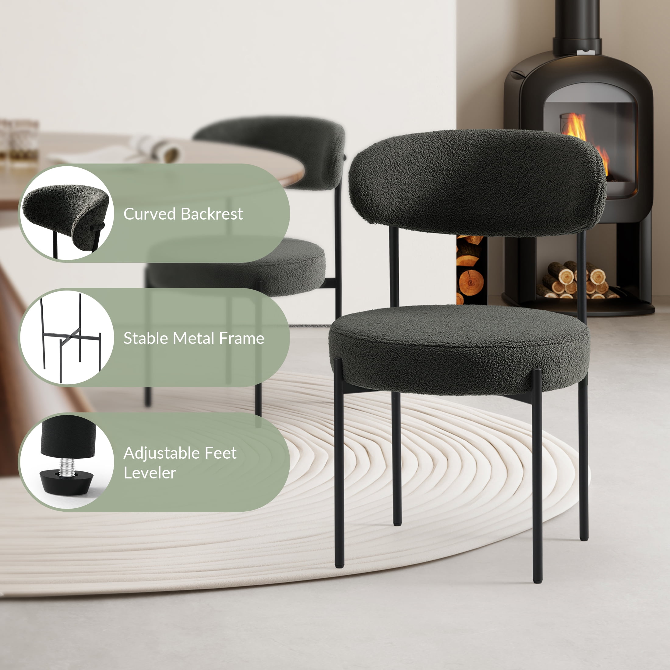 WestinTrends Alexandria Mid-Century Modern Upholstered Sherpa Round Dining Chairs (Set of 2), Charcoal Gray