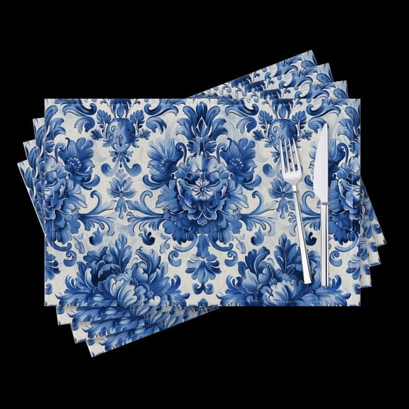 BaHomeck placemats Set of 4 Beautiful Blue And White Pattern With Floral Ornament Cotton Linen rectangle Placemats for Kitchen Dining Table Indoor,Outdoor,18*12inch