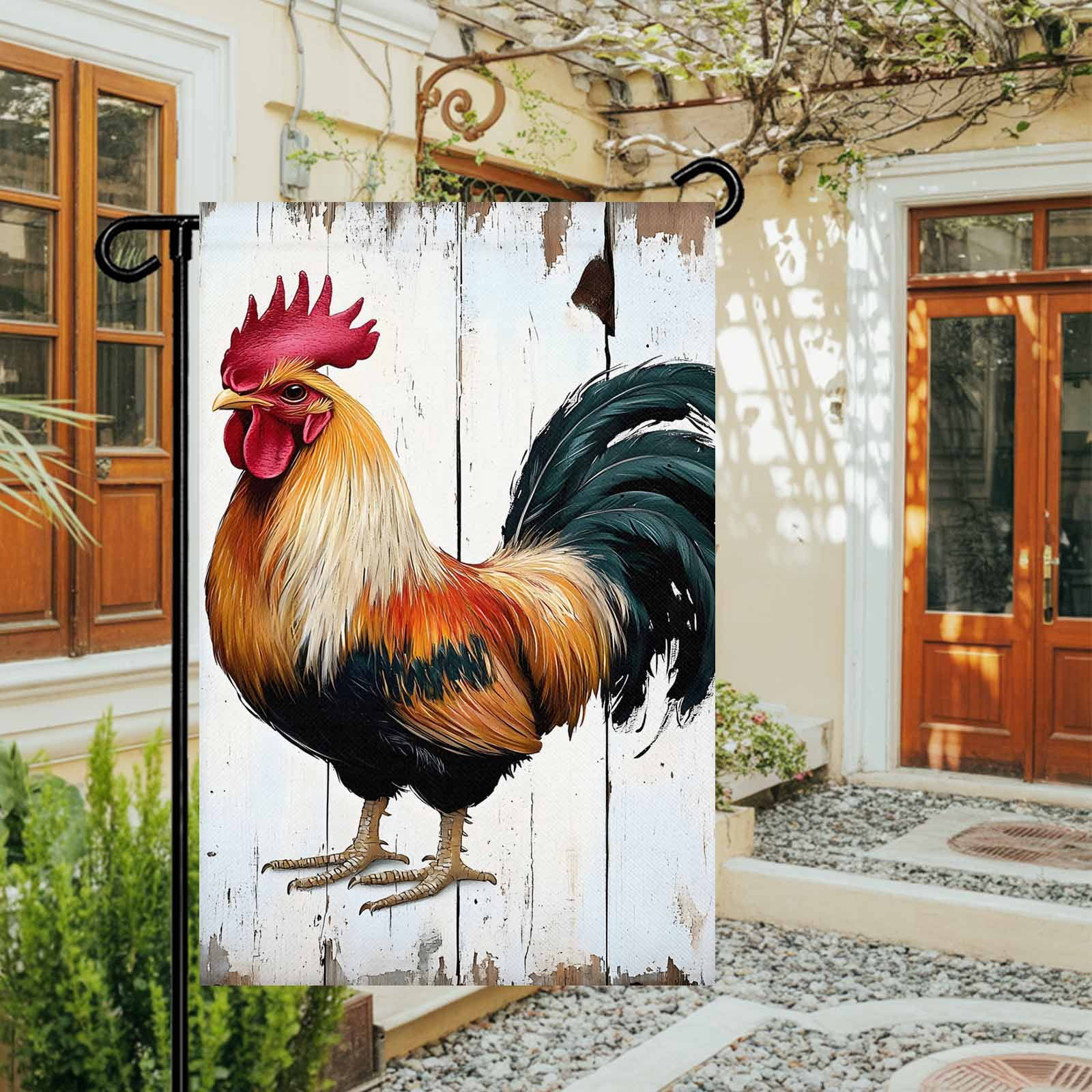 Garden Flag Double-Side Printed House Flag Vintage Rooster Yard Flag White Wood Grain Welcome Banner Decor Outdoor Holiday Decorations 28*40in